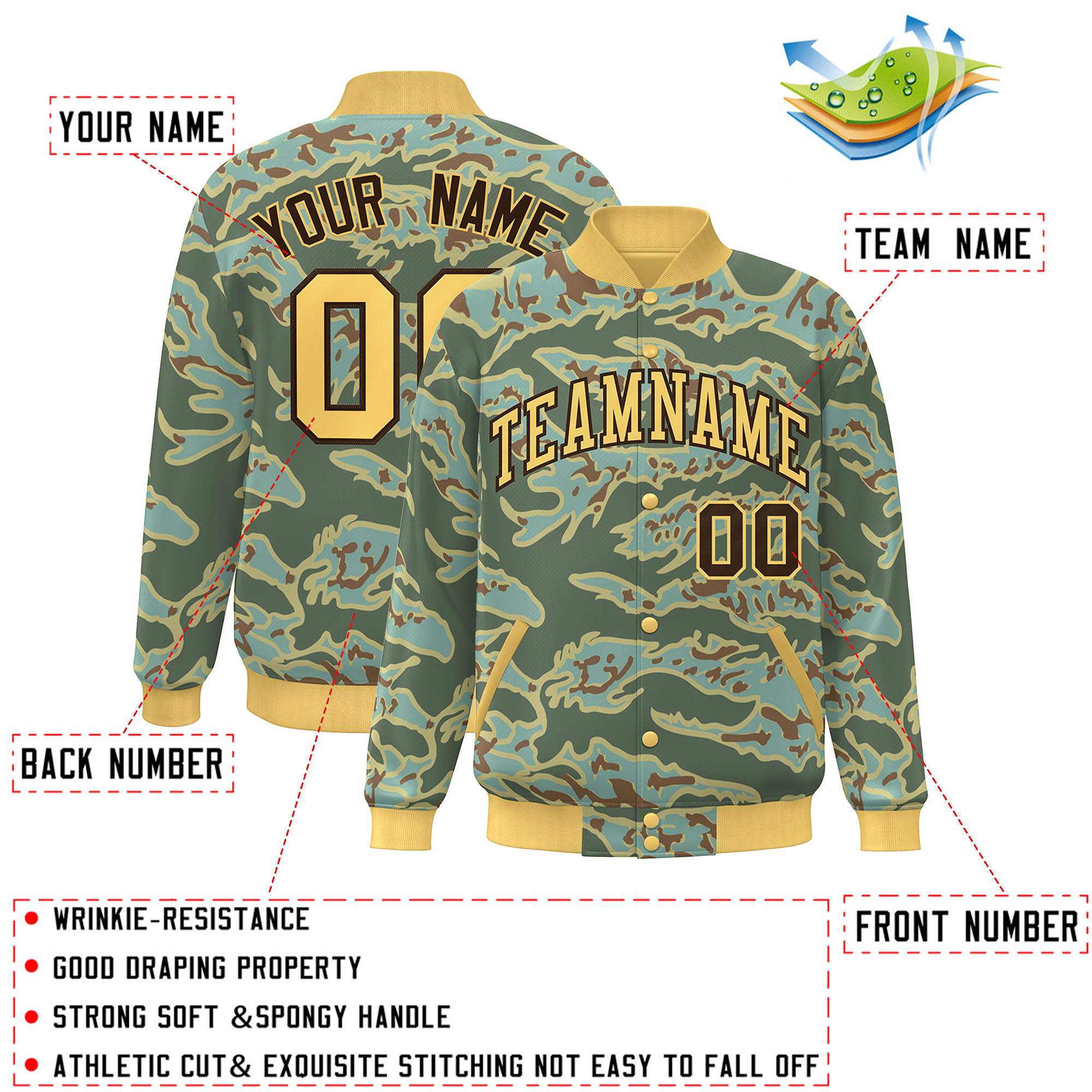 Custom Gold Brown Camo Varsity Full-Snap Letterman Bomber Jacket