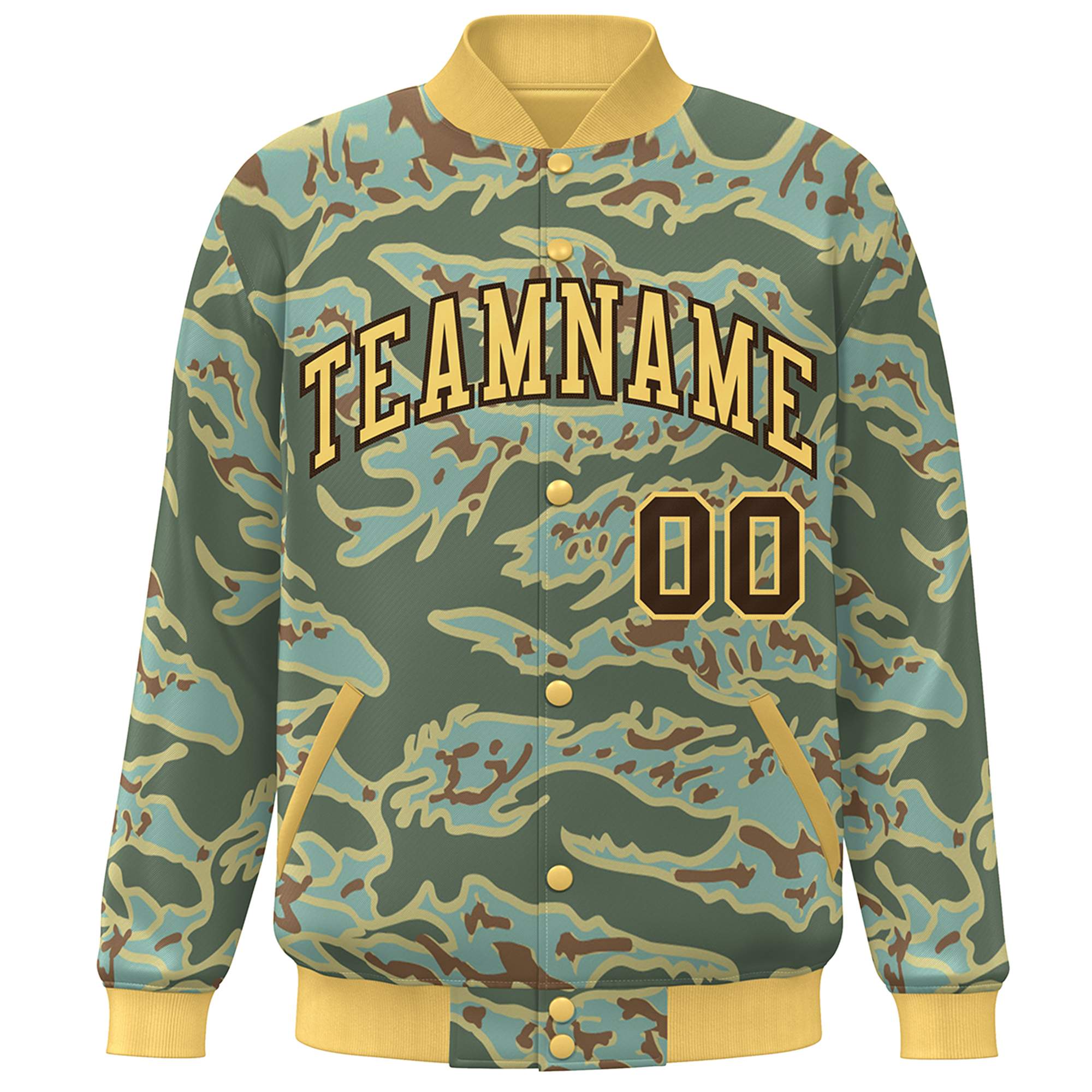 Custom Gold Brown Camo Varsity Full-Snap Letterman Bomber Jacket