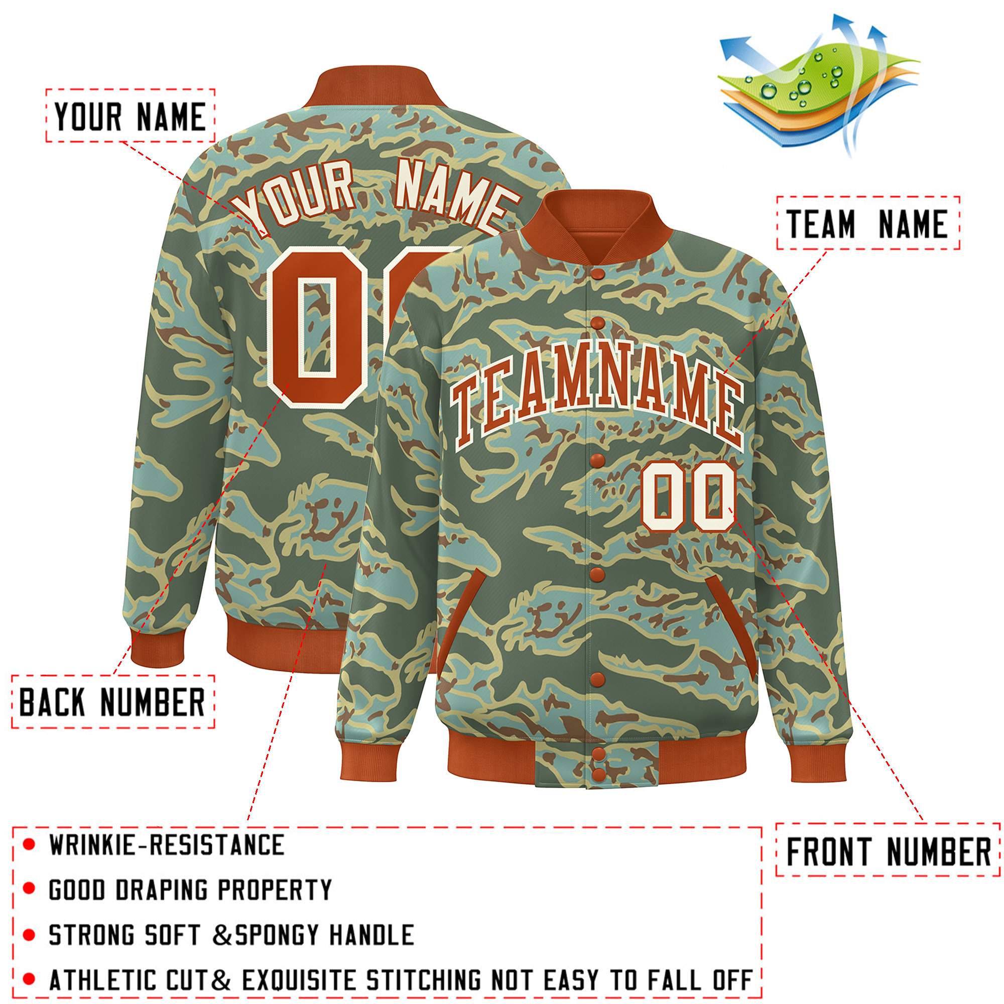 Custom Orange White Camo Varsity Full-Snap Letterman Bomber Jacket