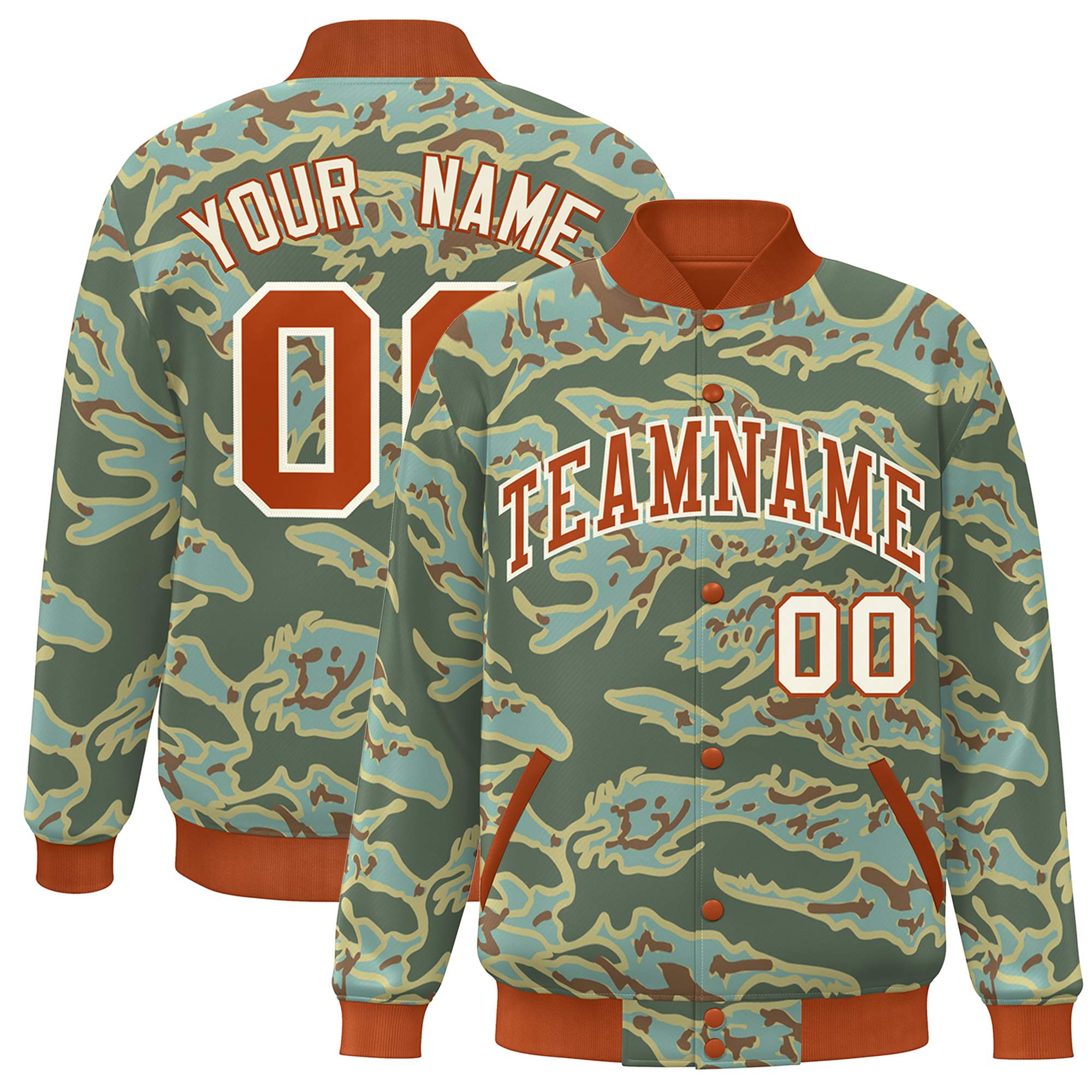 Custom Orange White Camo Varsity Full-Snap Letterman Bomber Jacket