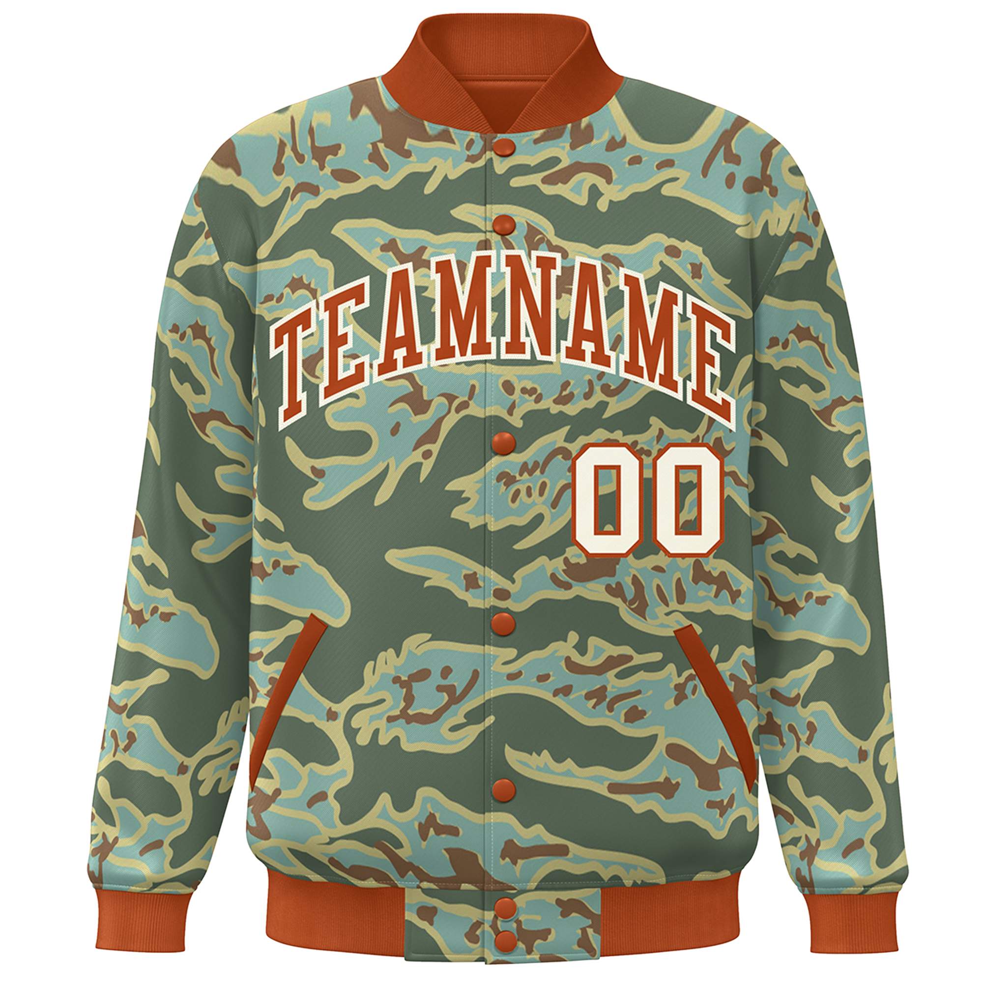 Blouson aviateur Letterman personnalisé orange blanc camouflage Varsity Full-Snap