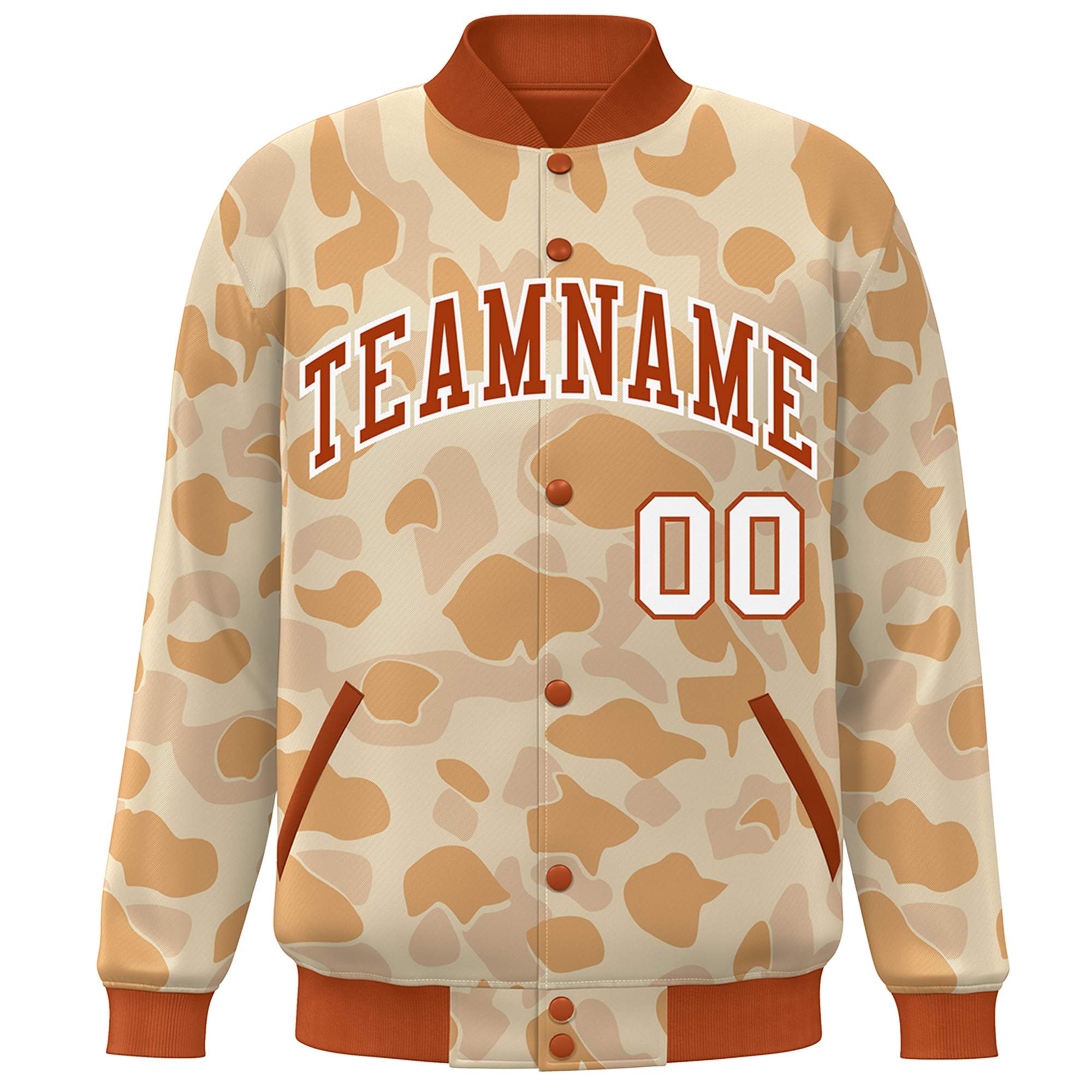 Blouson aviateur Letterman personnalisé orange blanc camouflage Varsity Full-Snap