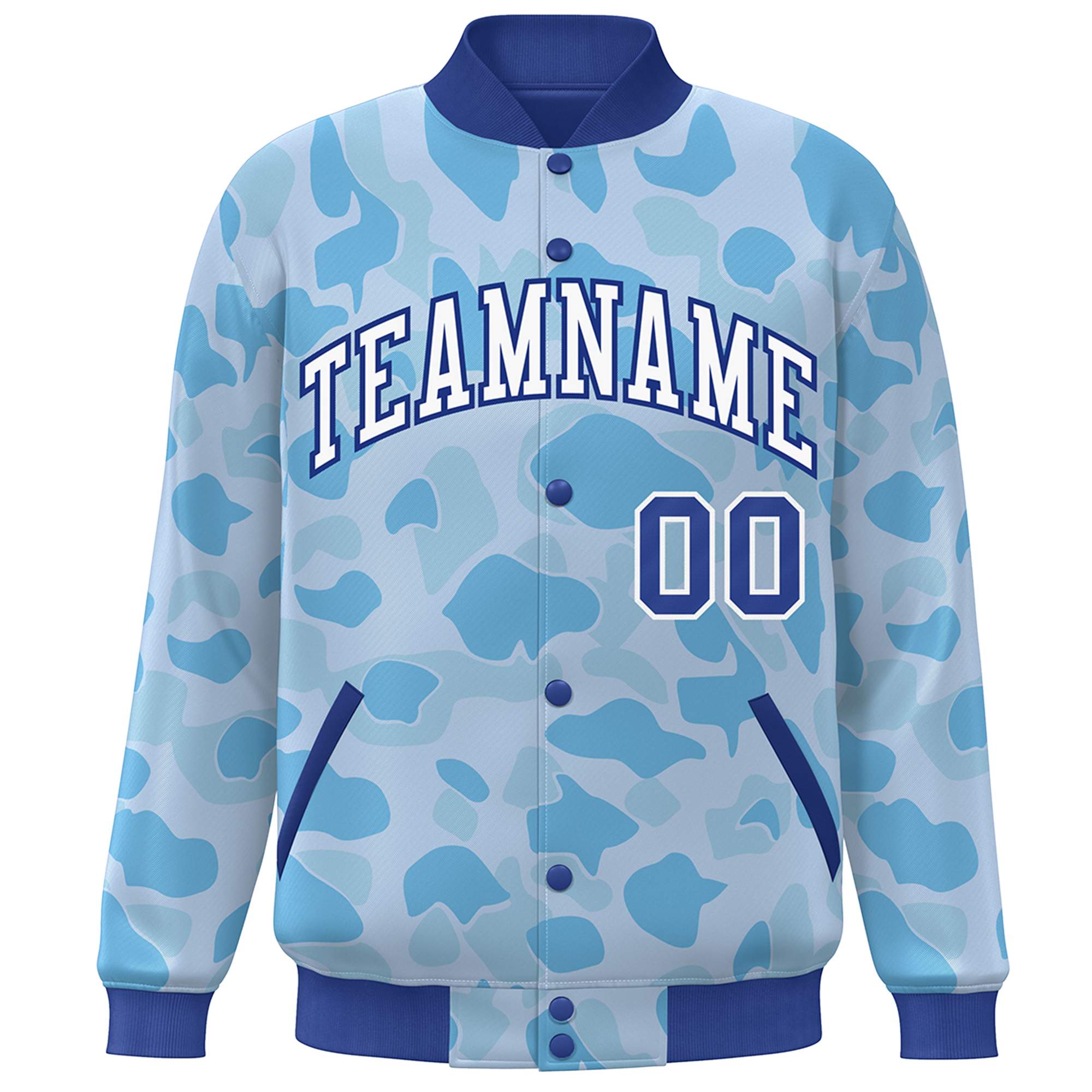 Blouson aviateur Letterman personnalisé Royal White Camo Varsity Full-Snap