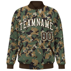 Custom Brown Cream Camo Varsity Full-Snap Letterman Bomber Jacket