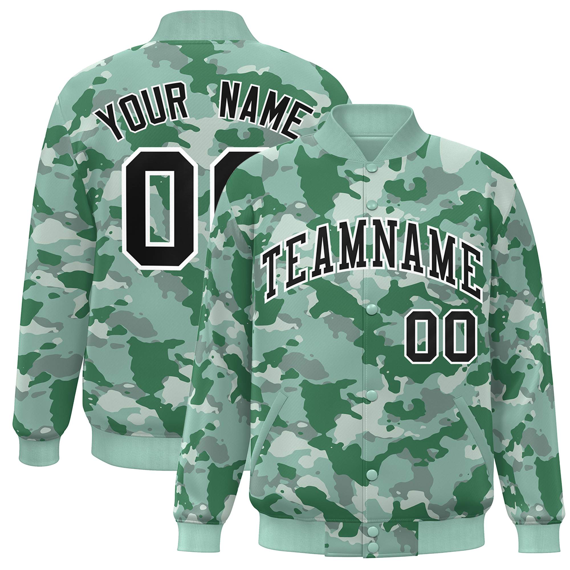 Blouson aviateur Letterman personnalisé vert noir-blanc camouflage Varsity Full-Snap