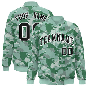 Custom Green Black-White Camo Varsity Full-Snap Letterman Bomber Jacket