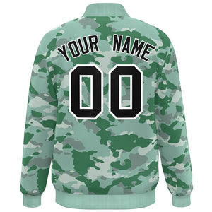 Custom Green Black-White Camo Varsity Full-Snap Letterman Bomber Jacket