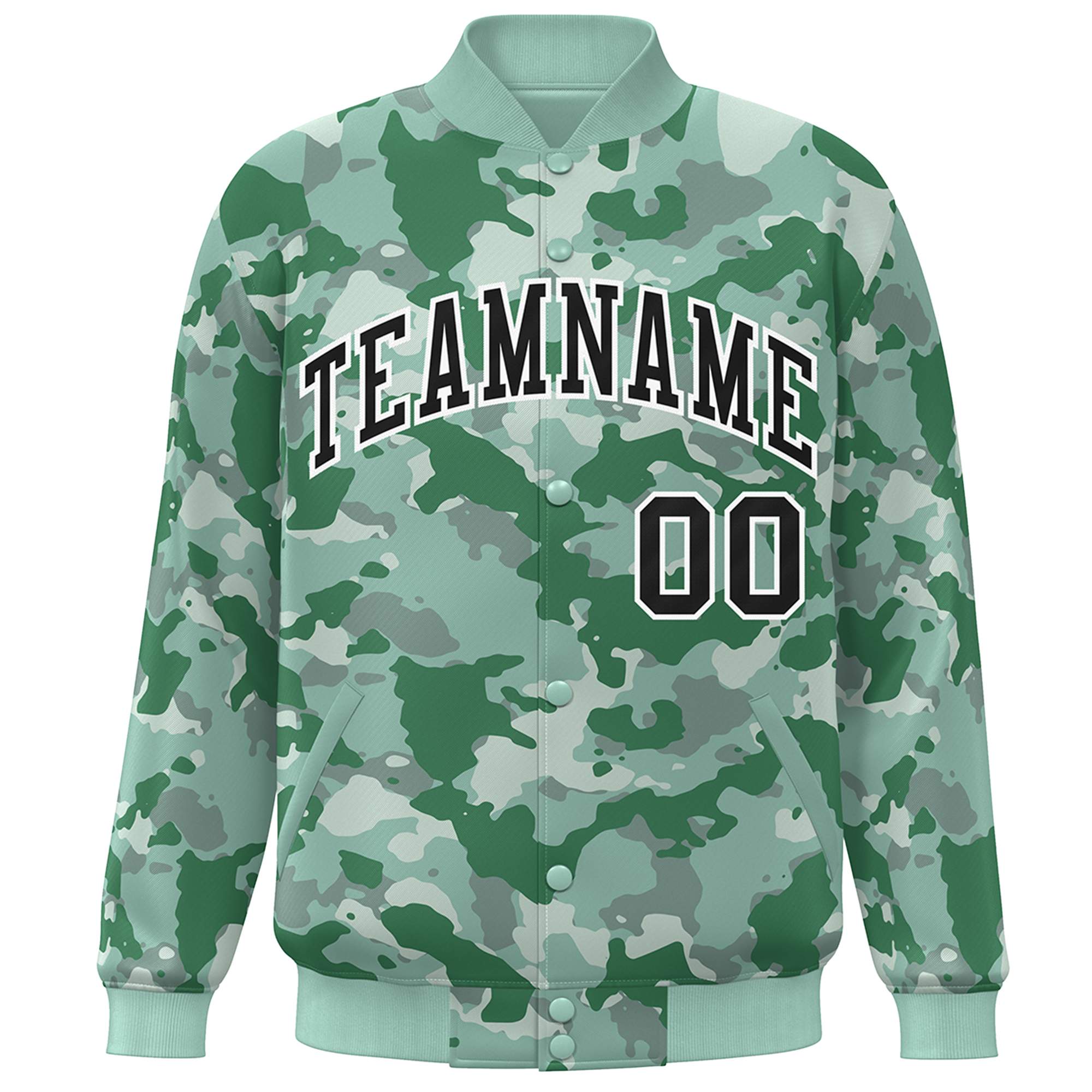 Blouson aviateur Letterman personnalisé vert noir-blanc camouflage Varsity Full-Snap