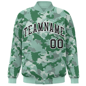 Custom Green Black-White Camo Varsity Full-Snap Letterman Bomber Jacket