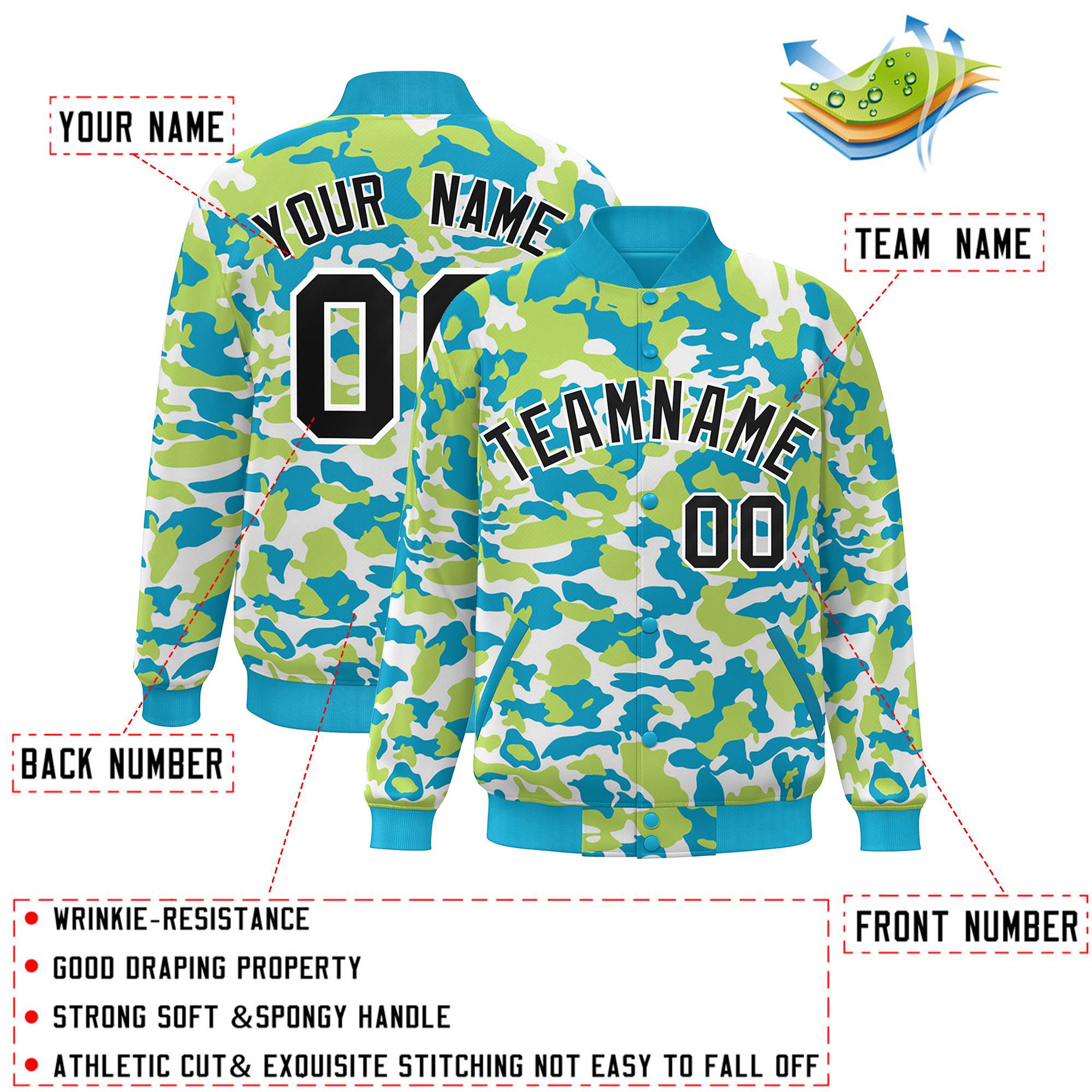 Blouson aviateur Letterman personnalisé Aqua noir-blanc camouflage Varsity Full-Snap