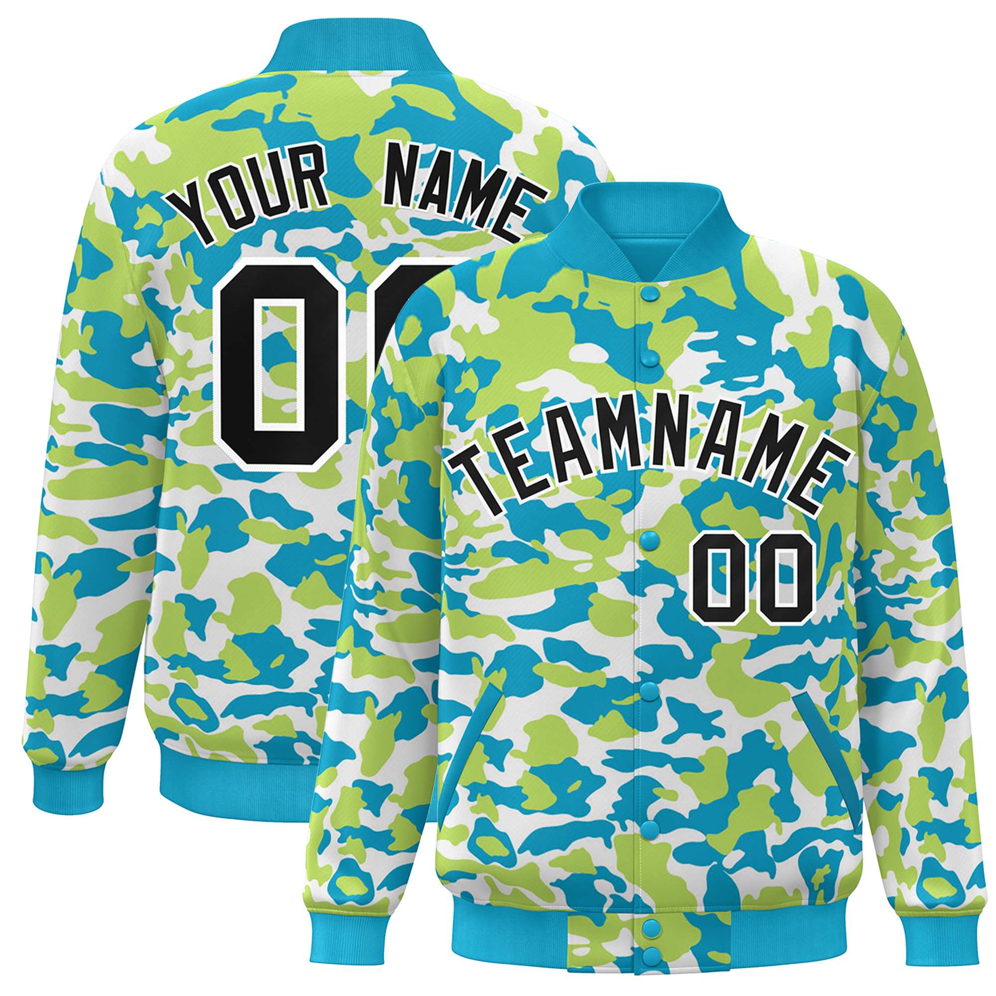 Blouson aviateur Letterman personnalisé Aqua noir-blanc camouflage Varsity Full-Snap