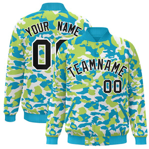 Custom Aqua Black-White Camo Varsity Full-Snap Letterman Bomber Jacket