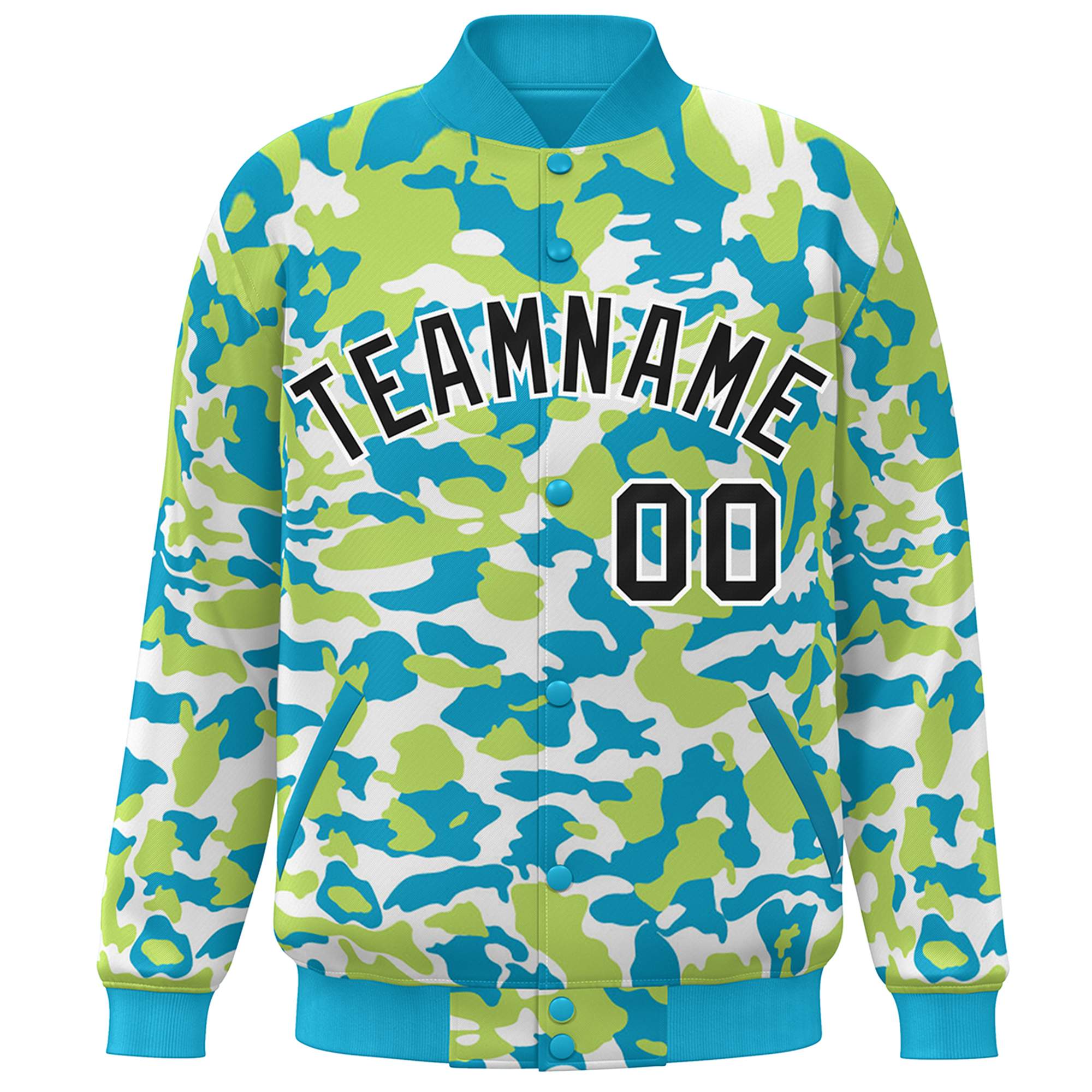 Blouson aviateur Letterman personnalisé Aqua noir-blanc camouflage Varsity Full-Snap