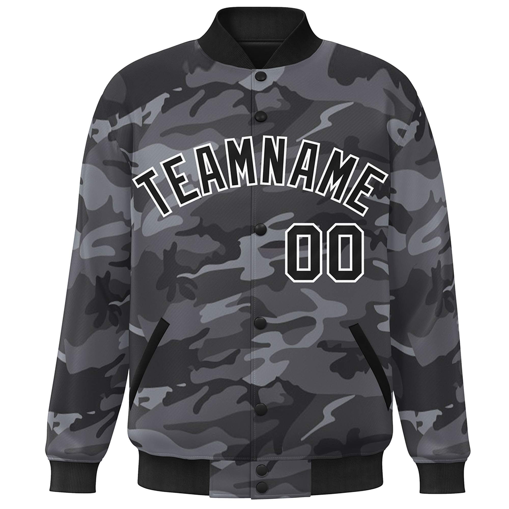 Blouson aviateur Letterman personnalisé noir et blanc camouflage Varsity Full-Snap