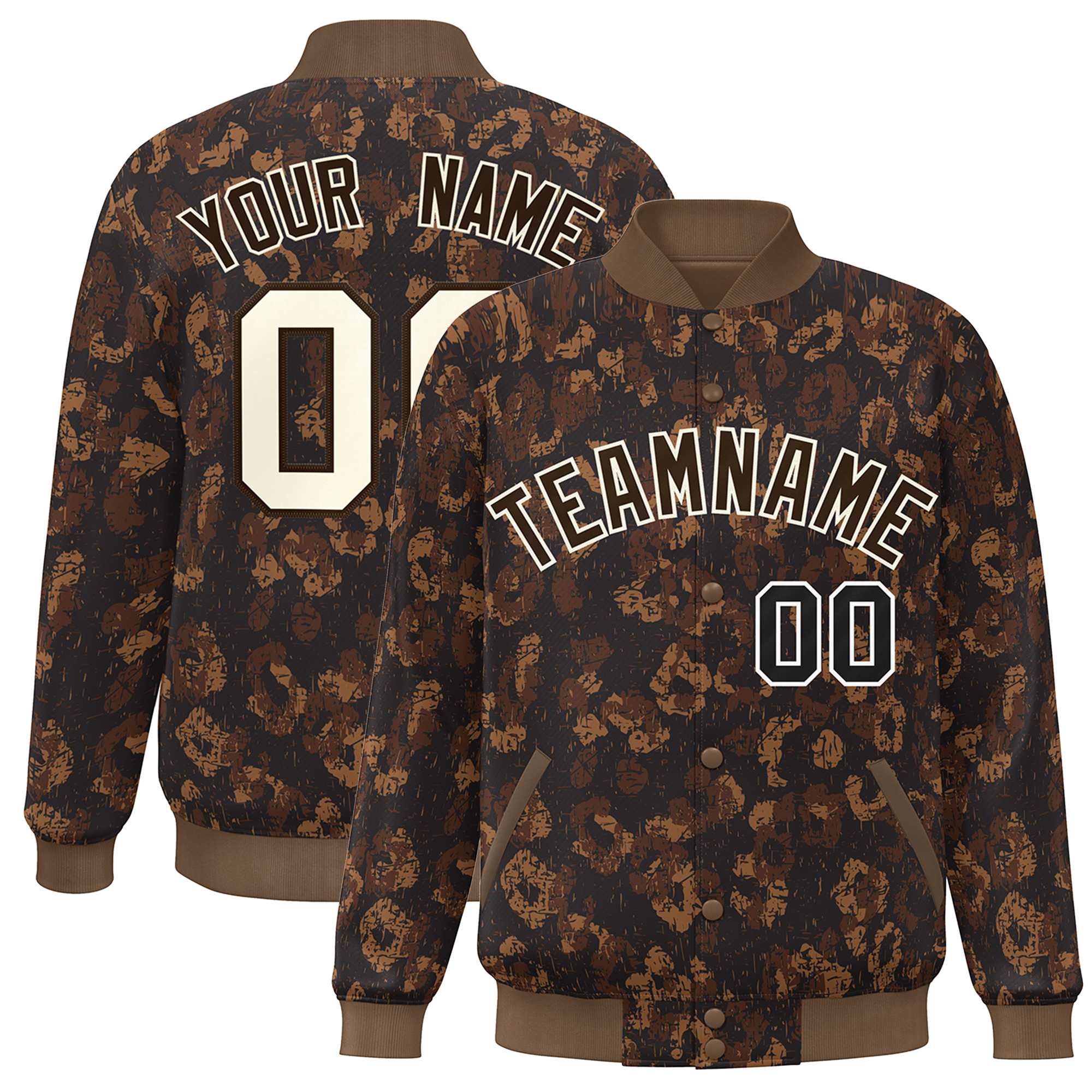 Custom Brown Cream Camo Varsity Full-Snap Letterman Bomber Jacket