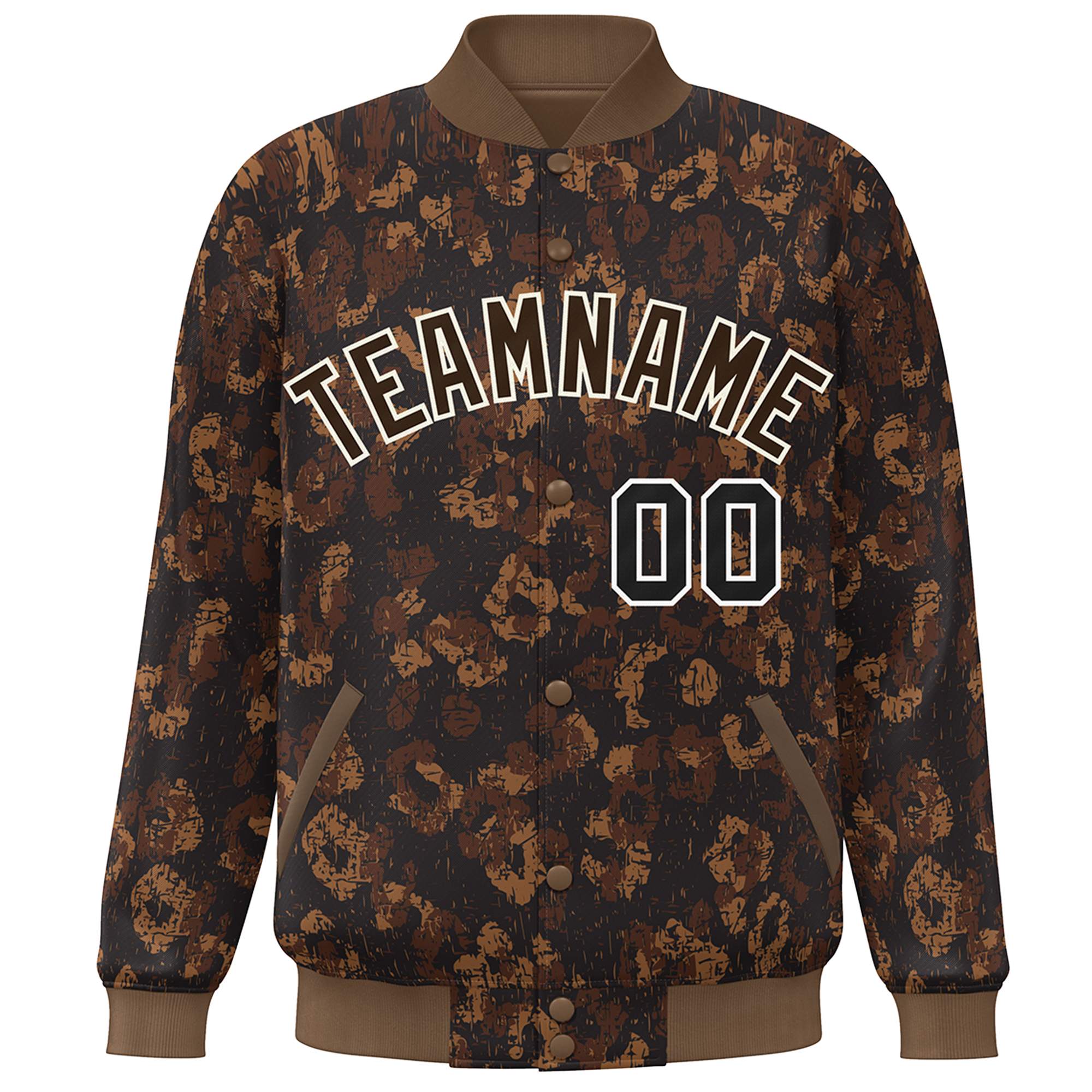 Custom Brown Cream Camo Varsity Full-Snap Letterman Bomber Jacket