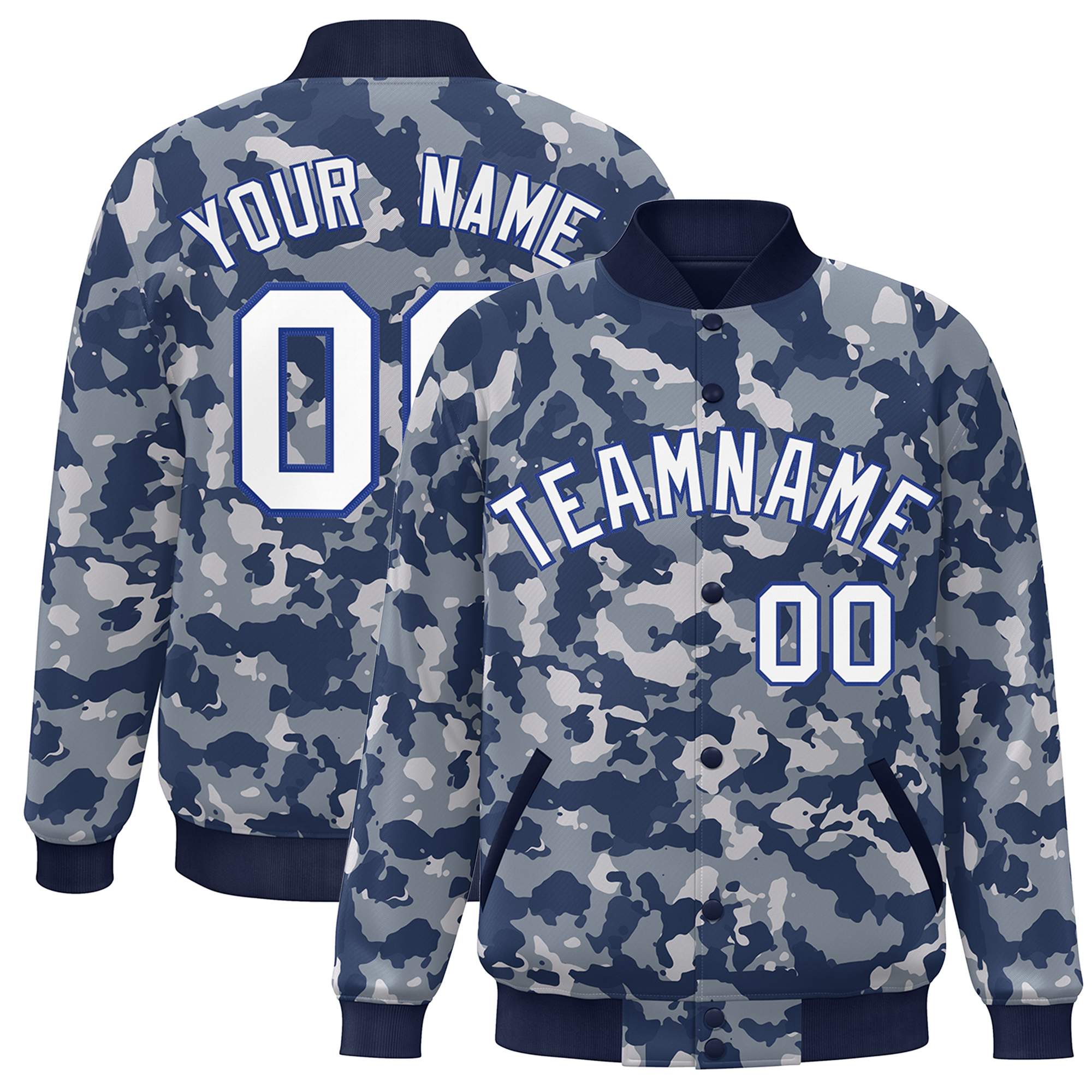 Blouson aviateur Letterman personnalisé bleu marine-Royal Camo Varsity Full-Snap