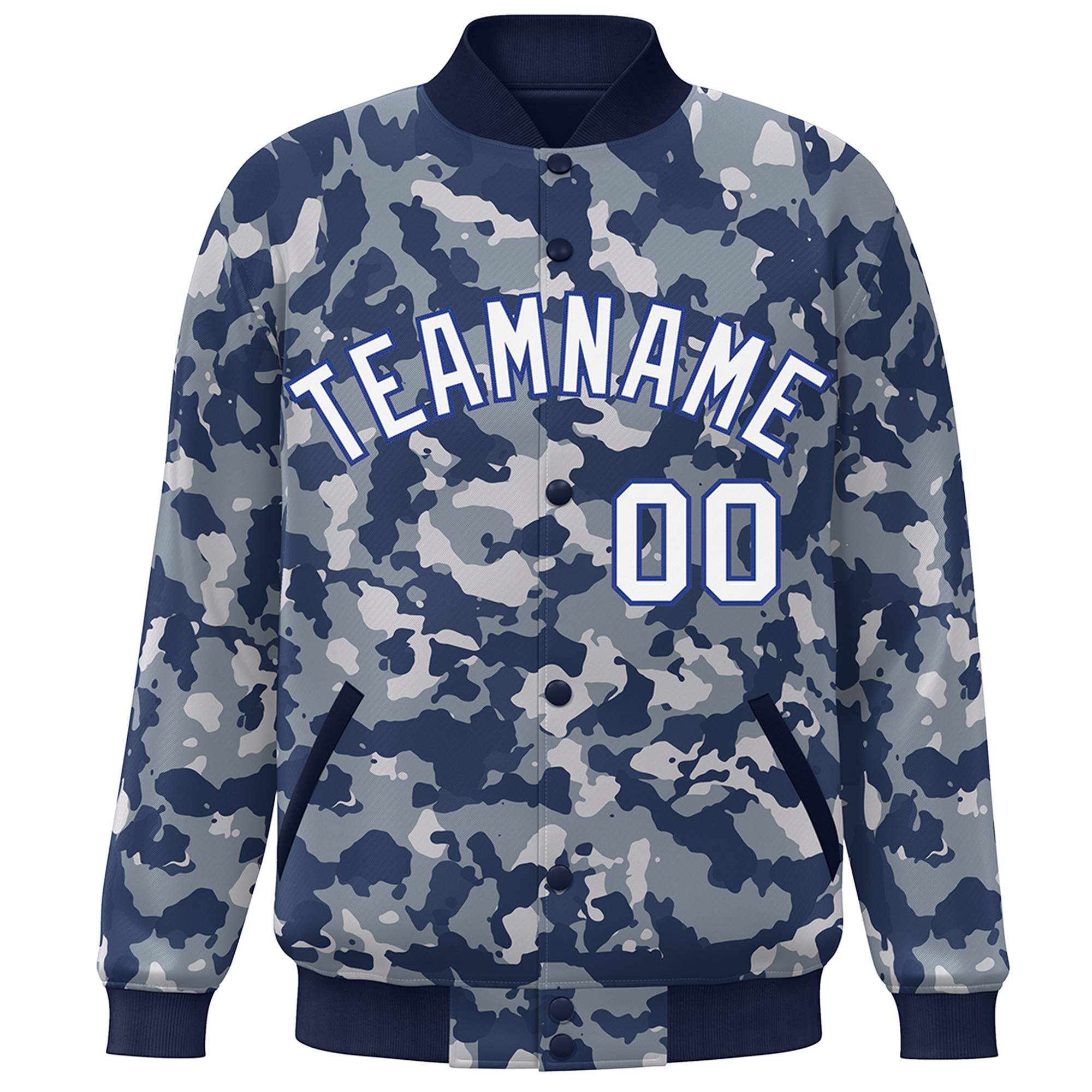 Blouson aviateur Letterman personnalisé bleu marine-Royal Camo Varsity Full-Snap