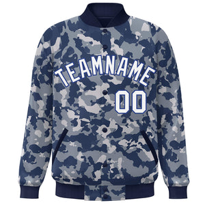 Custom Navy White-Royal Camo Varsity Full-Snap Letterman Bomber Jacket