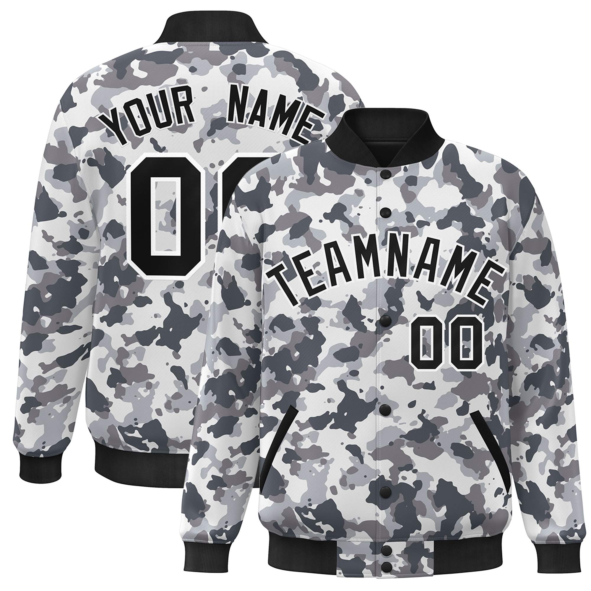 Custom Black White Camo Varsity Full-Snap Letterman Bomber Jacket