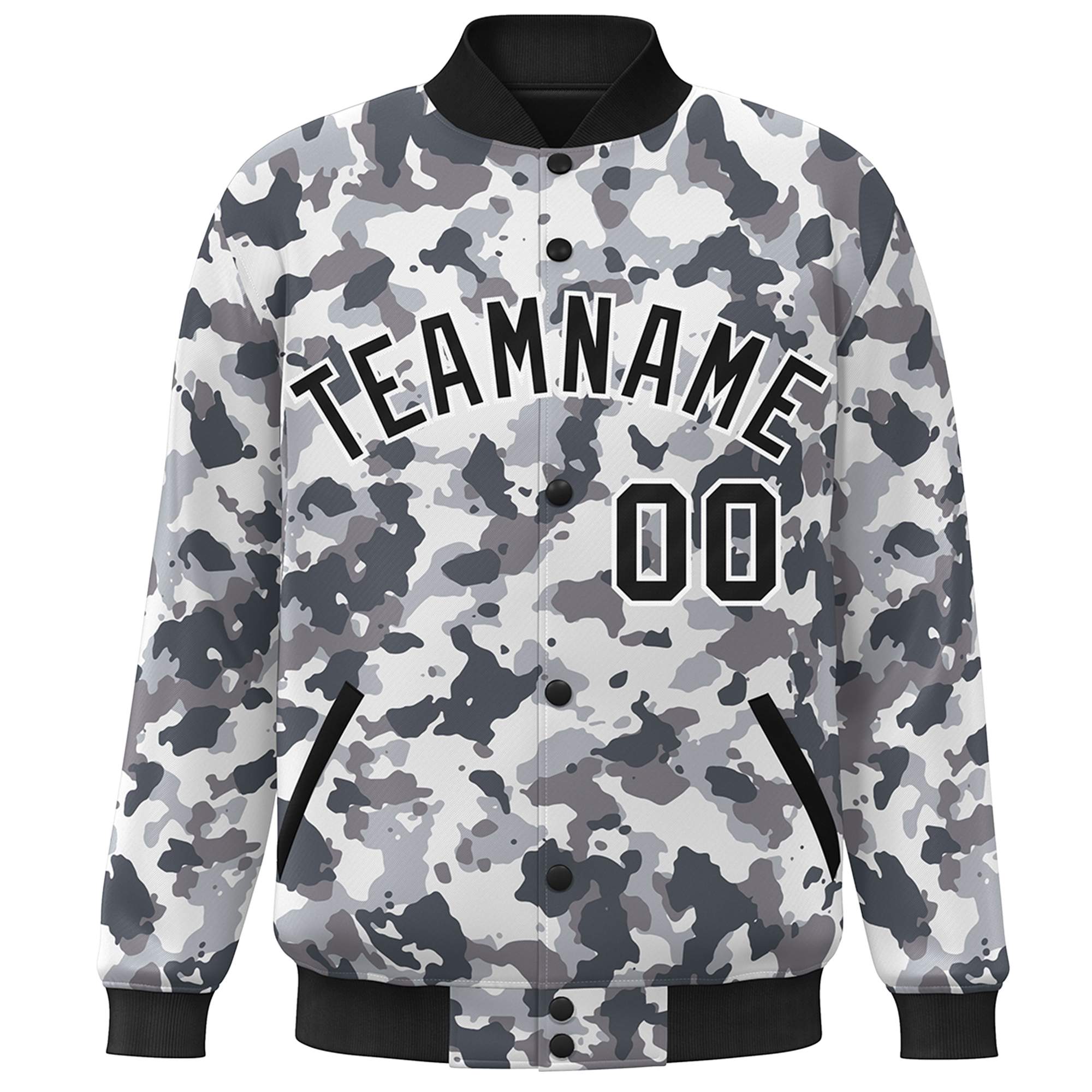 Blouson aviateur Letterman personnalisé noir et blanc camouflage Varsity Full-Snap