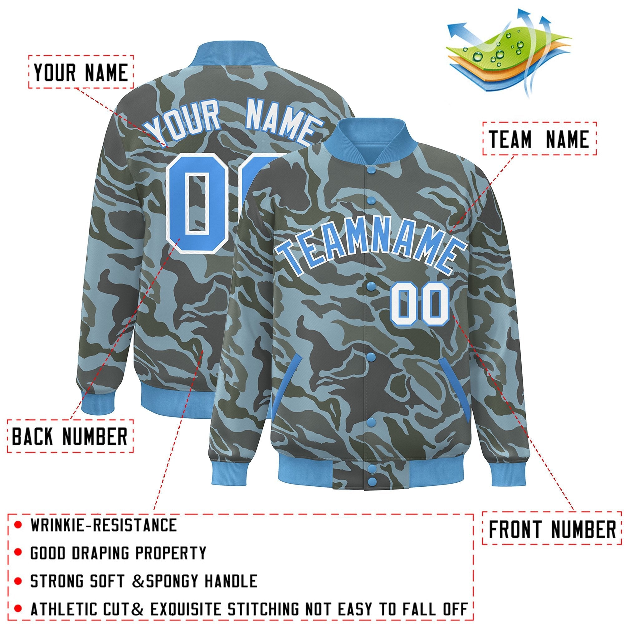 Blouson aviateur Letterman personnalisé bleu poudre blanc camouflage Varsity Full-Snap