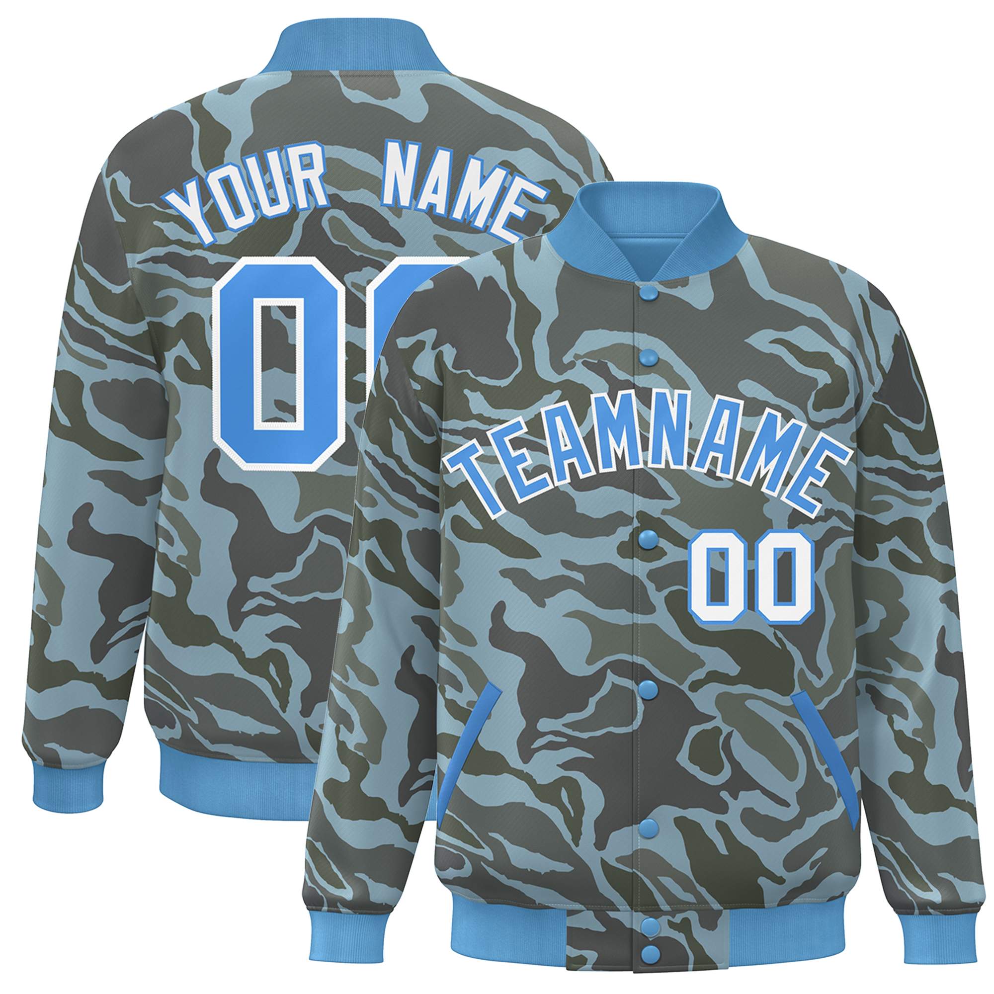 Blouson aviateur Letterman personnalisé bleu poudre blanc camouflage Varsity Full-Snap