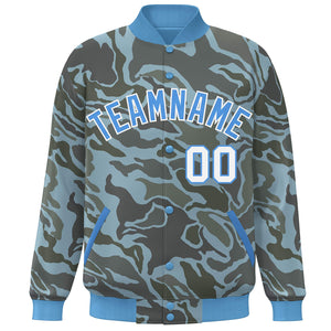 Custom Powder Blue White Camo Varsity Full-Snap Letterman Bomber Jacket