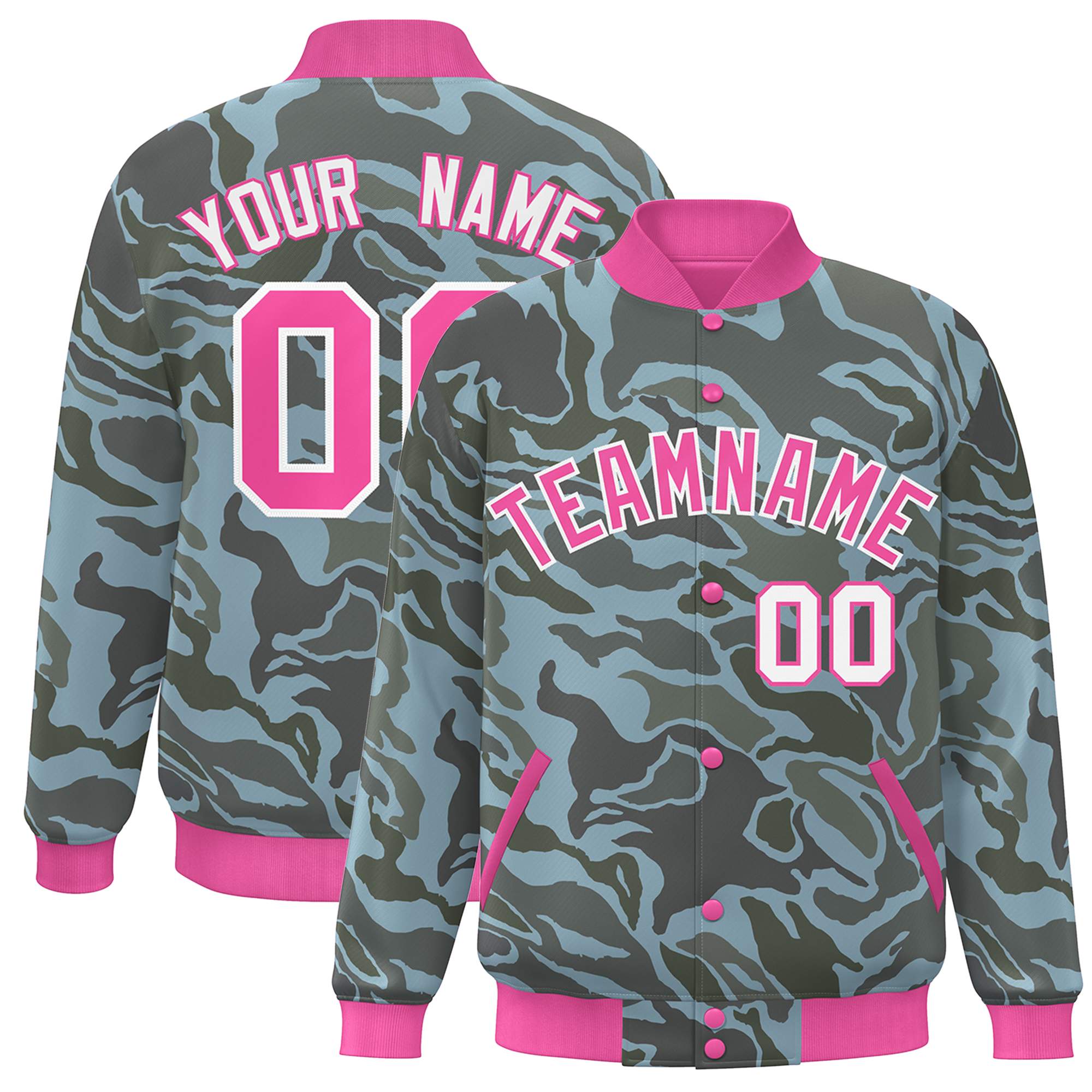 Blouson aviateur Letterman personnalisé rose blanc camouflage Varsity Full-Snap