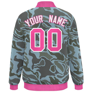 Custom Pink White Camo Varsity Full-Snap Letterman Bomber Jacket