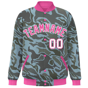 Custom Pink White Camo Varsity Full-Snap Letterman Bomber Jacket