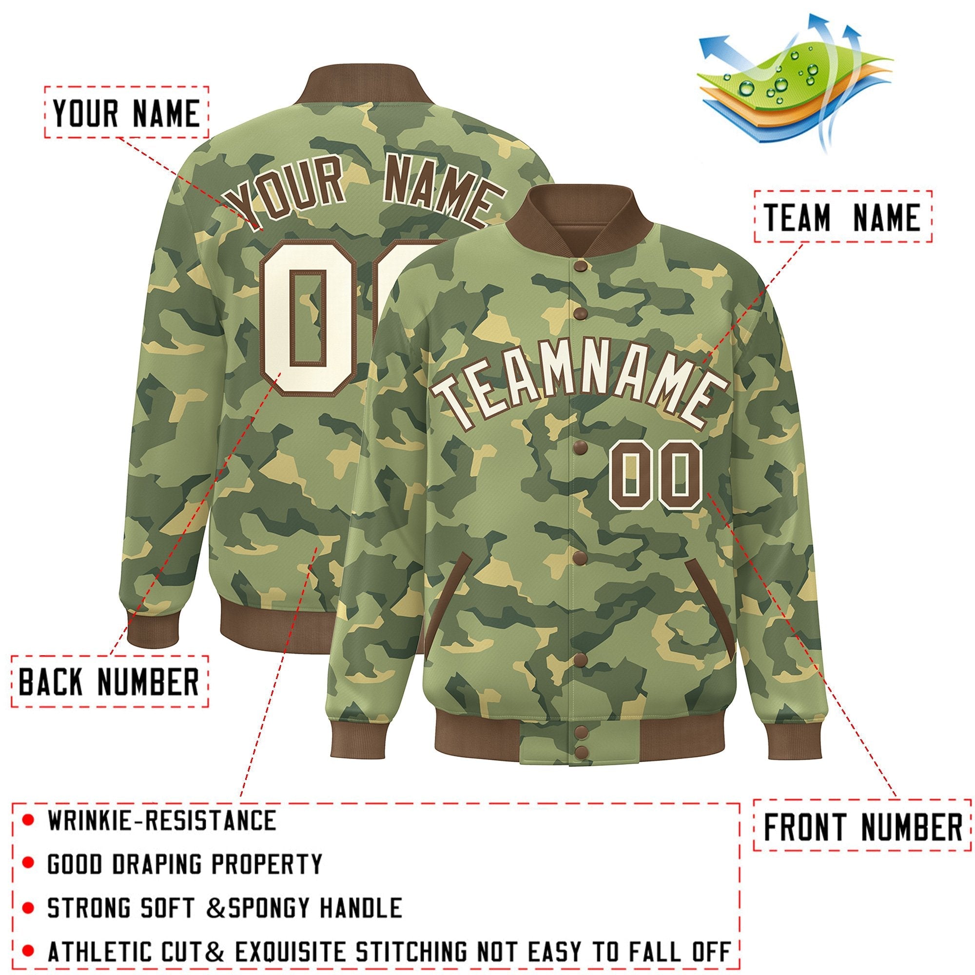 Blouson aviateur Letterman personnalisé marron blanc camouflage Varsity Full-Snap