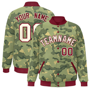 Custom Crimson White Camo Varsity Full-Snap Letterman Bomber Jacket