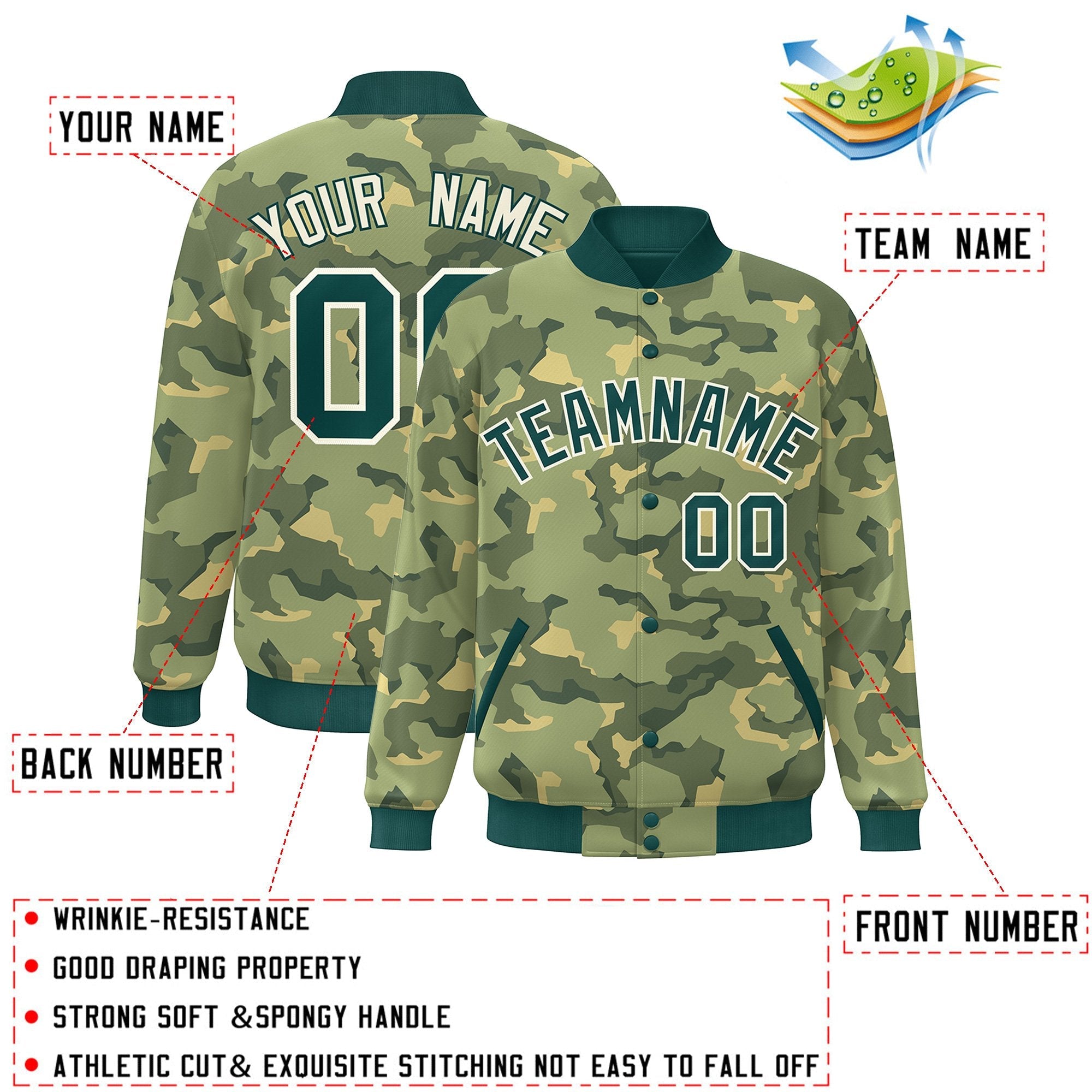 Blouson aviateur Letterman personnalisé vert et blanc camouflage Varsity Full-Snap