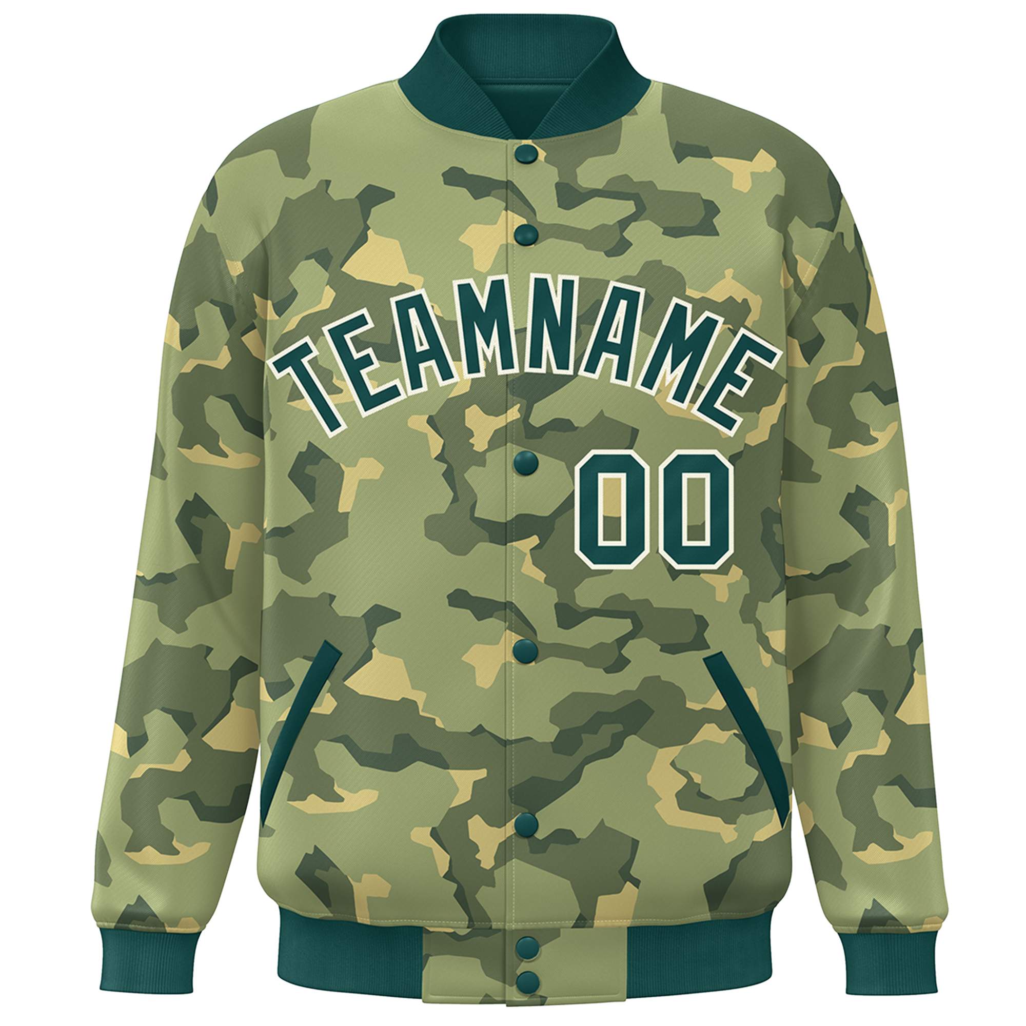 Blouson aviateur Letterman personnalisé vert et blanc camouflage Varsity Full-Snap