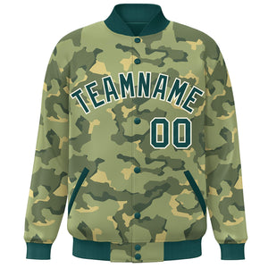 Custom Green White Camo Varsity Full-Snap Letterman Bomber Jacket