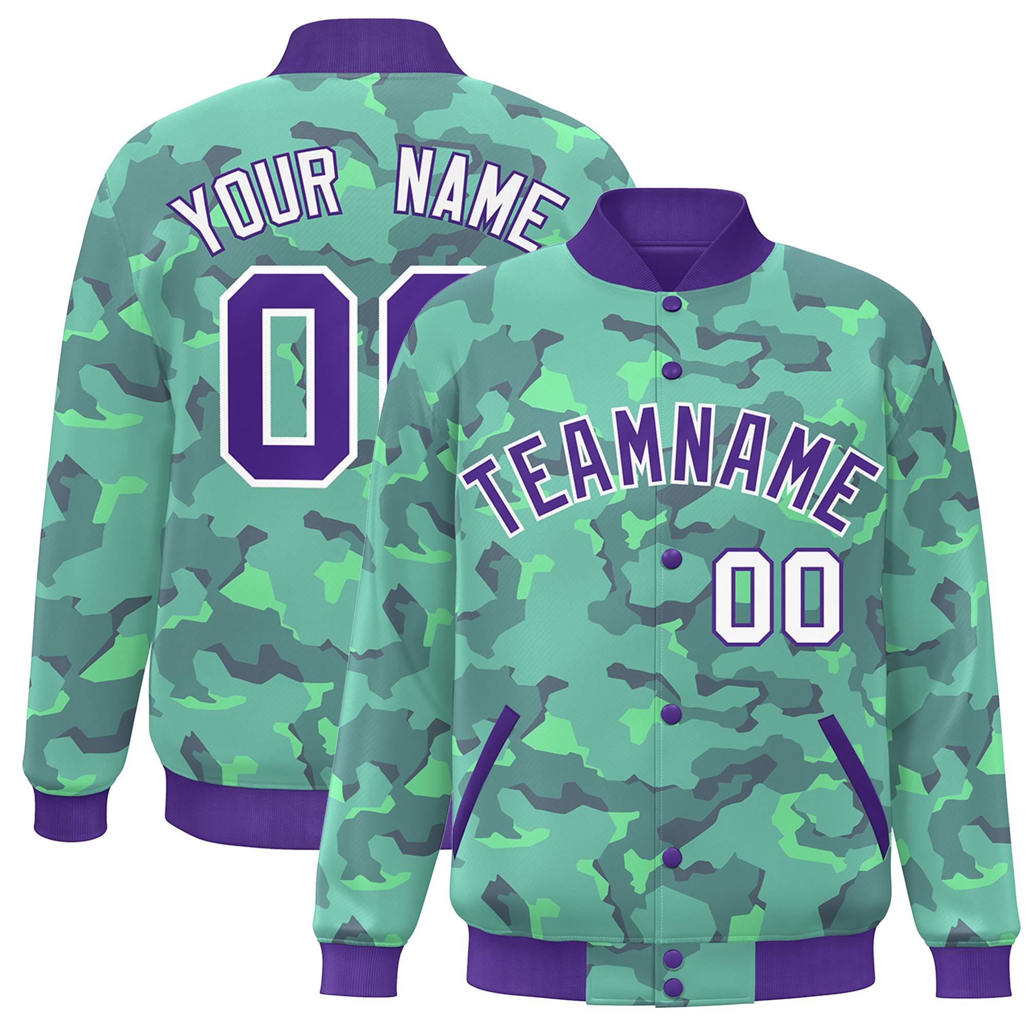 Blouson aviateur Letterman personnalisé violet blanc camouflage Varsity Full-Snap