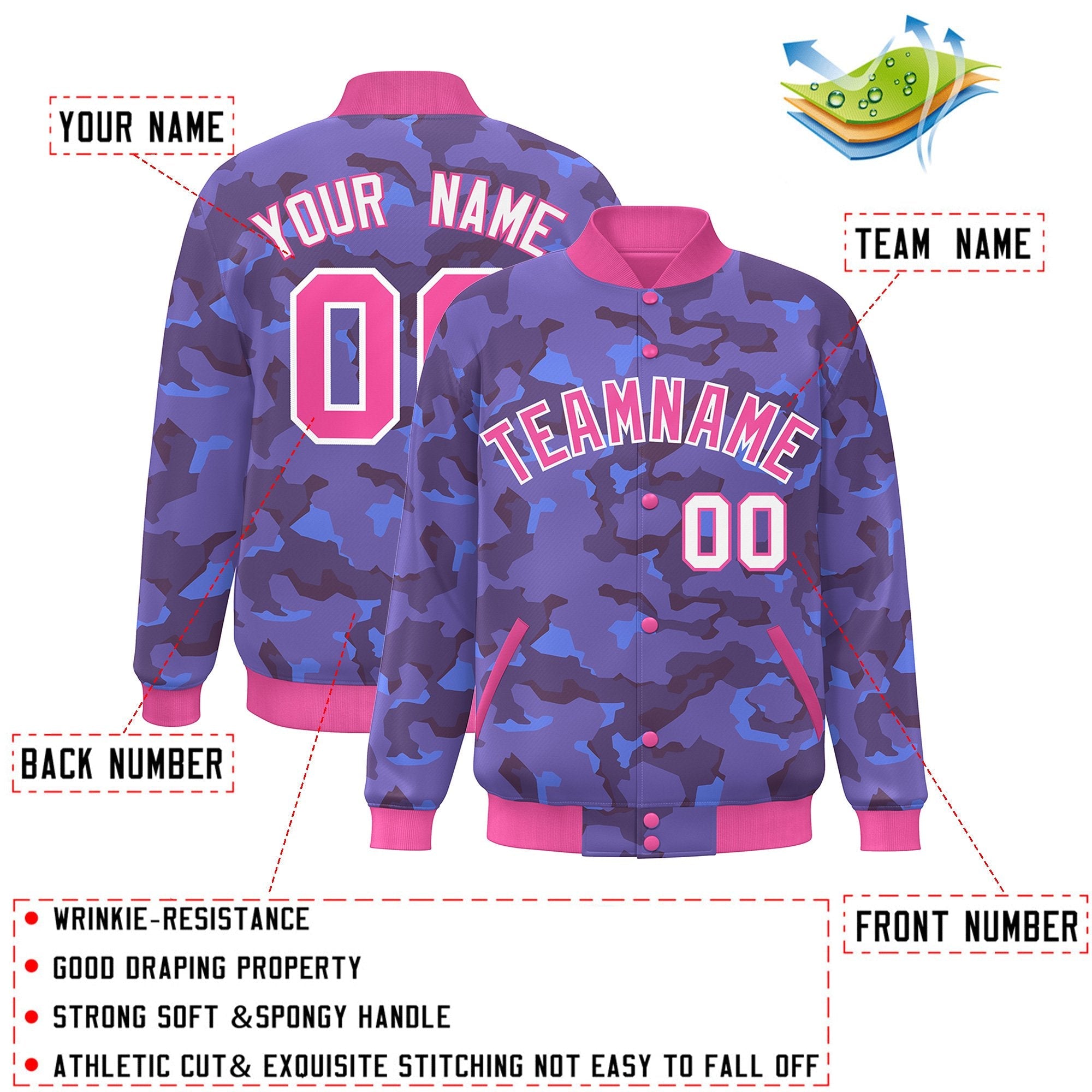 Blouson aviateur Letterman personnalisé rose blanc camouflage Varsity Full-Snap