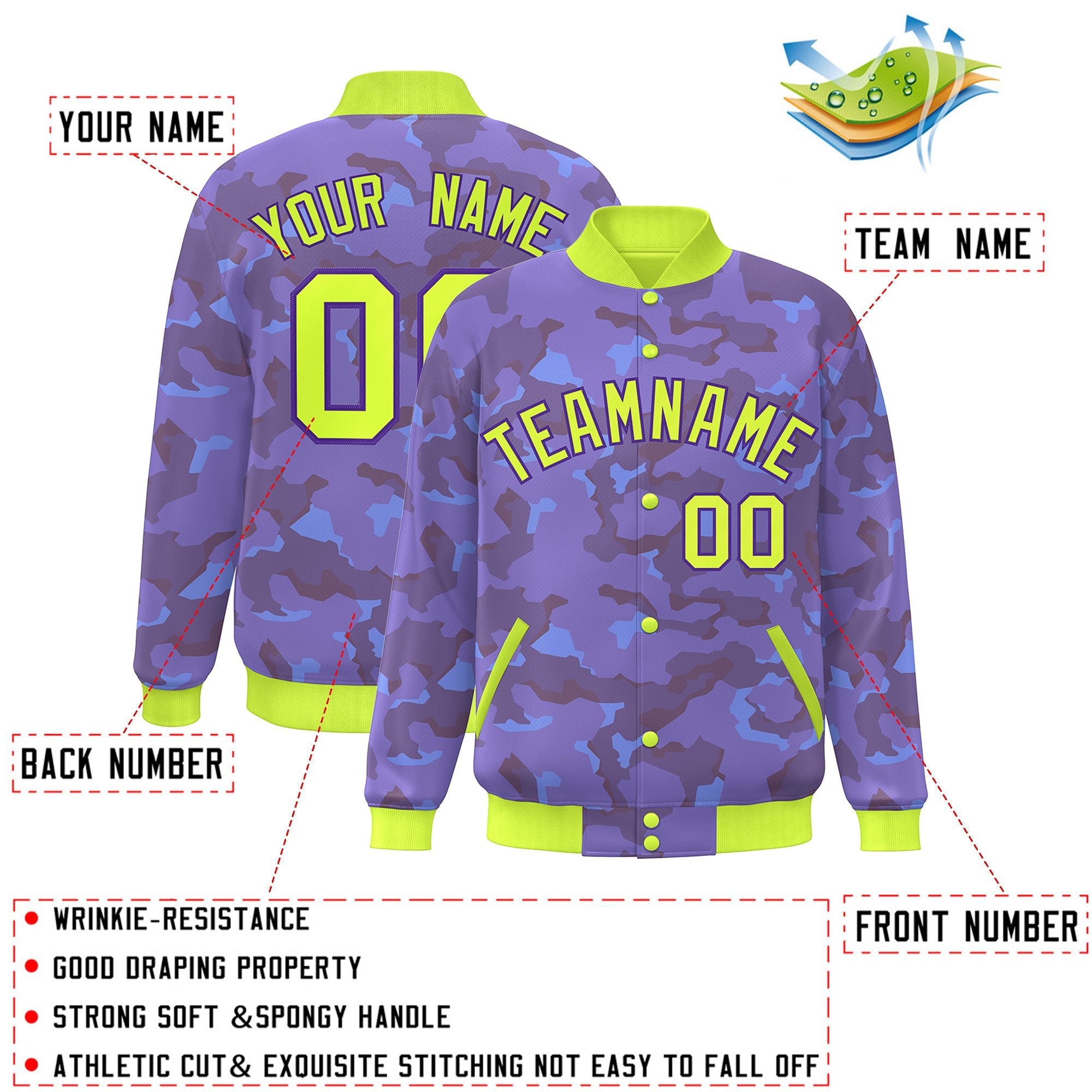 Blouson aviateur Letterman personnalisé vert néon violet camouflage Varsity Full-Snap