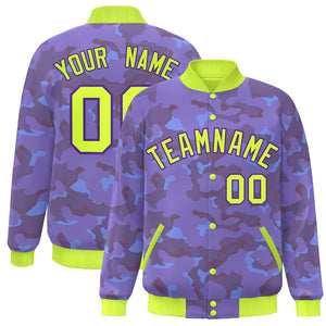 Custom Neon Green Purple Camo Varsity Full-Snap Letterman Bomber Jacket