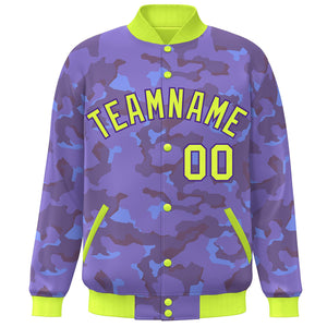 Custom Neon Green Purple Camo Varsity Full-Snap Letterman Bomber Jacket