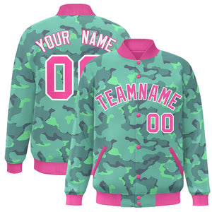 Custom Pink White Camo Varsity Full-Snap Letterman Bomber Jacket