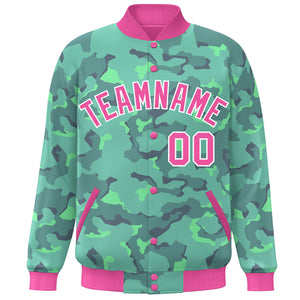 Custom Pink White Camo Varsity Full-Snap Letterman Bomber Jacket