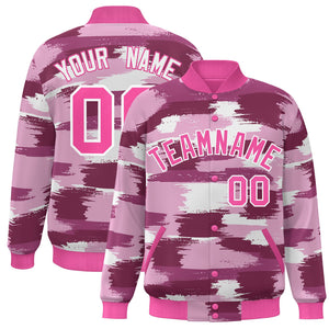 Custom Pink White Camo Varsity Full-Snap Letterman Bomber Jacket