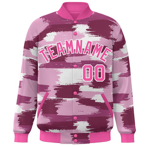 Custom Pink White Camo Varsity Full-Snap Letterman Bomber Jacket