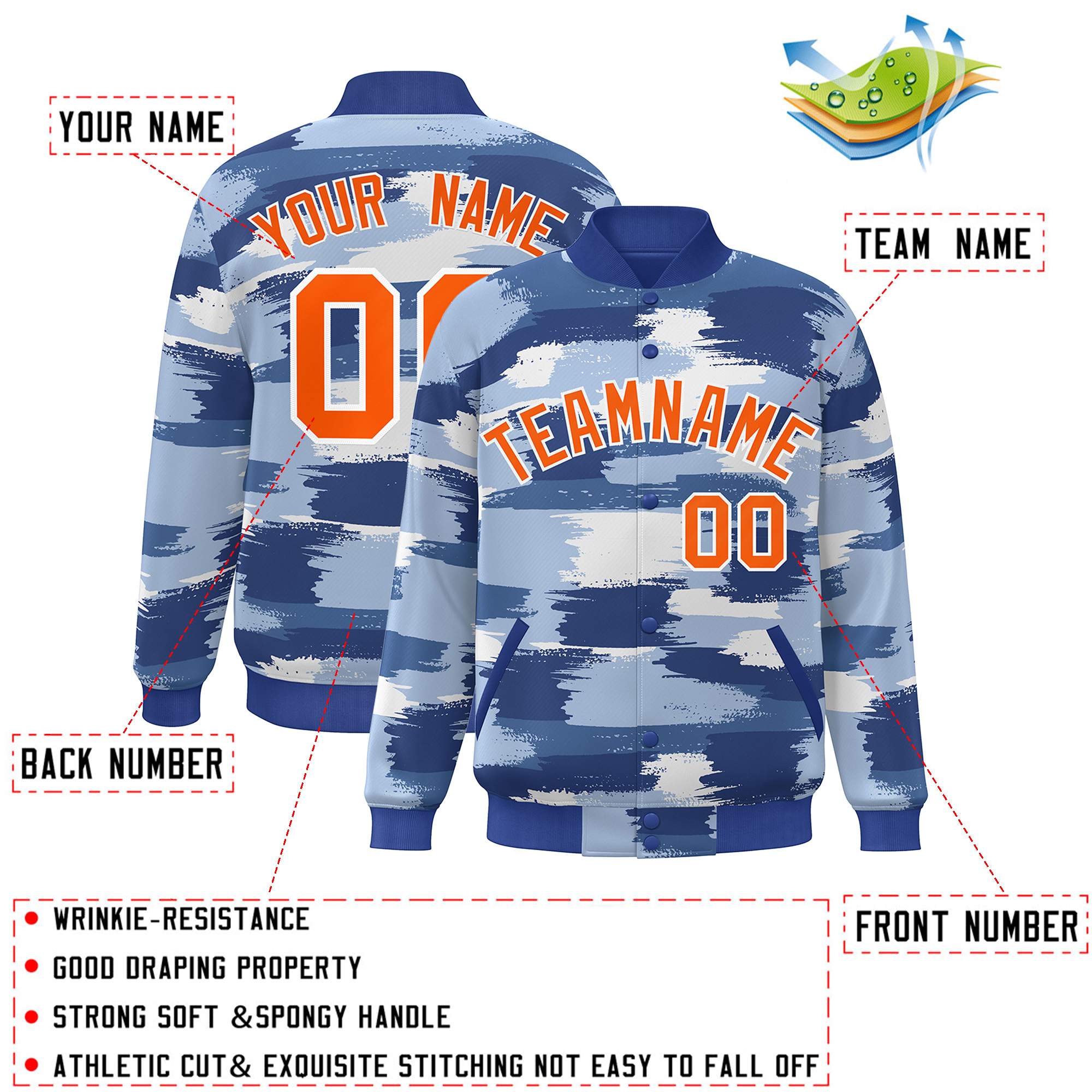 Blouson aviateur Letterman personnalisé Royal Orange-Blanc Camo Varsity Full-Snap