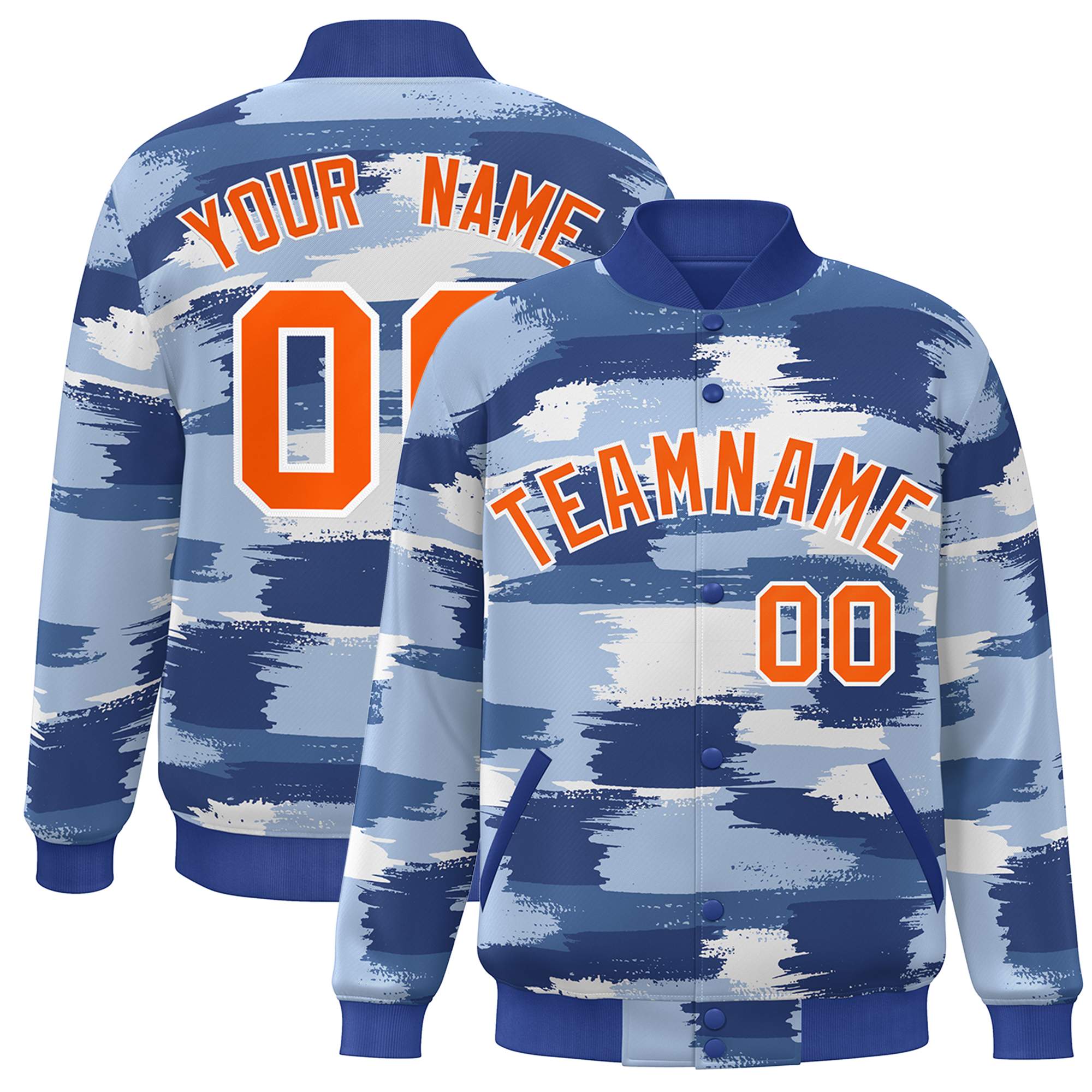 Custom Royal Orange-White Camo Varsity Full-Snap Letterman Bomber Jacket