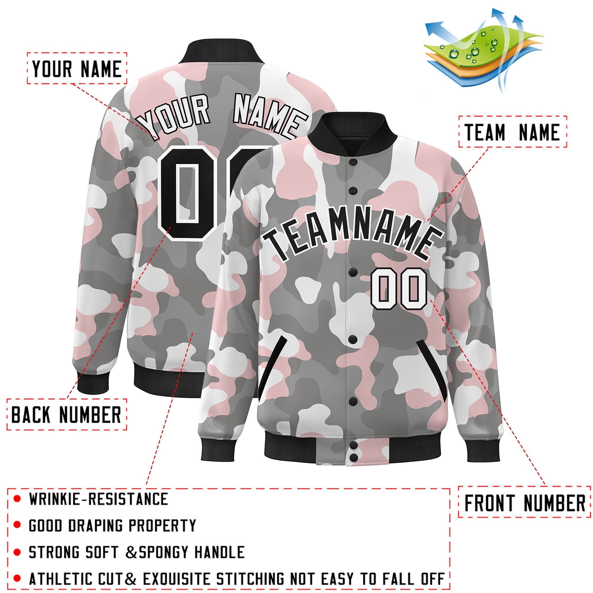 Custom Black White Camo Varsity Full-Snap Letterman Bomber Jacket