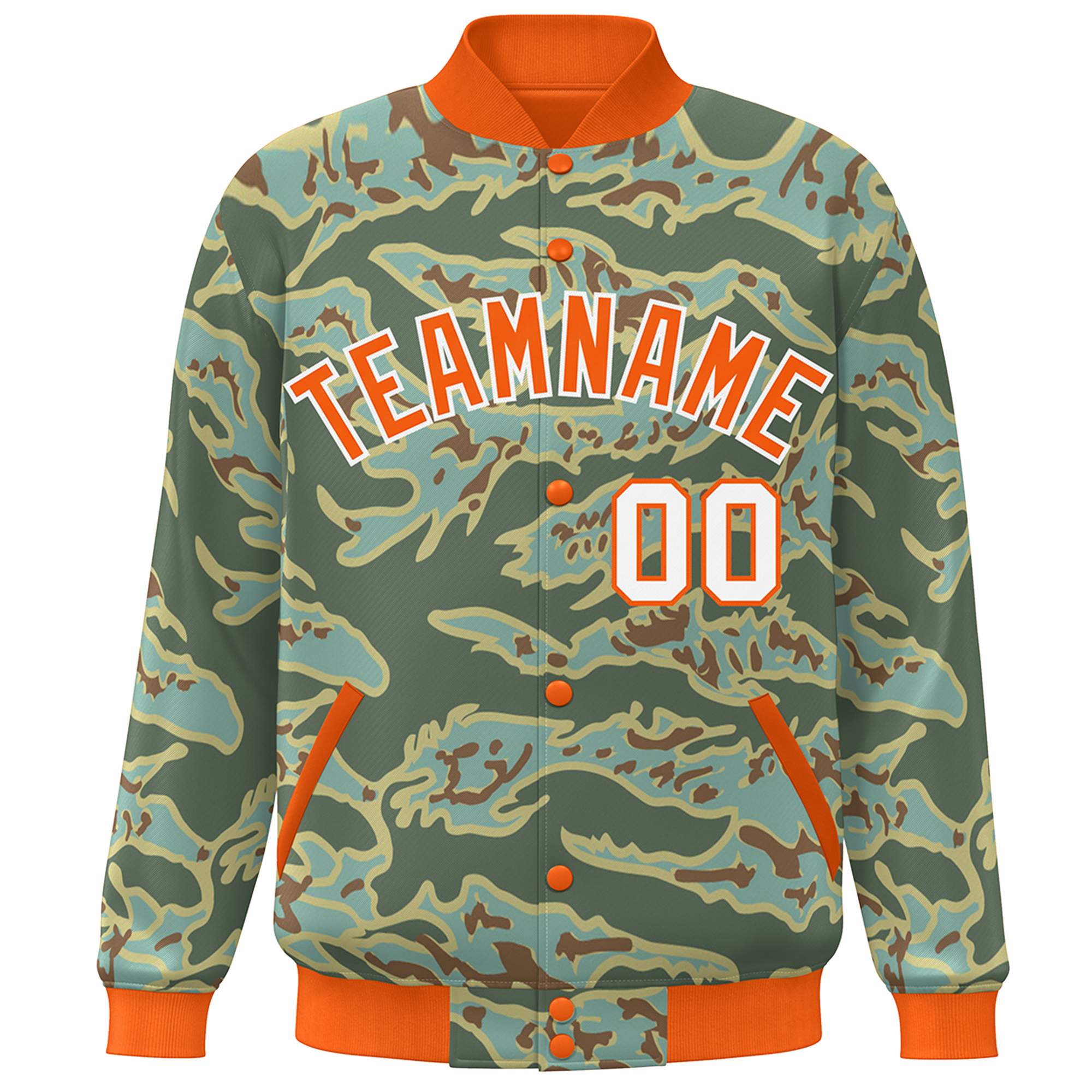 Custom Orange White Camo Varsity Full-Snap Letterman Bomber Jacket