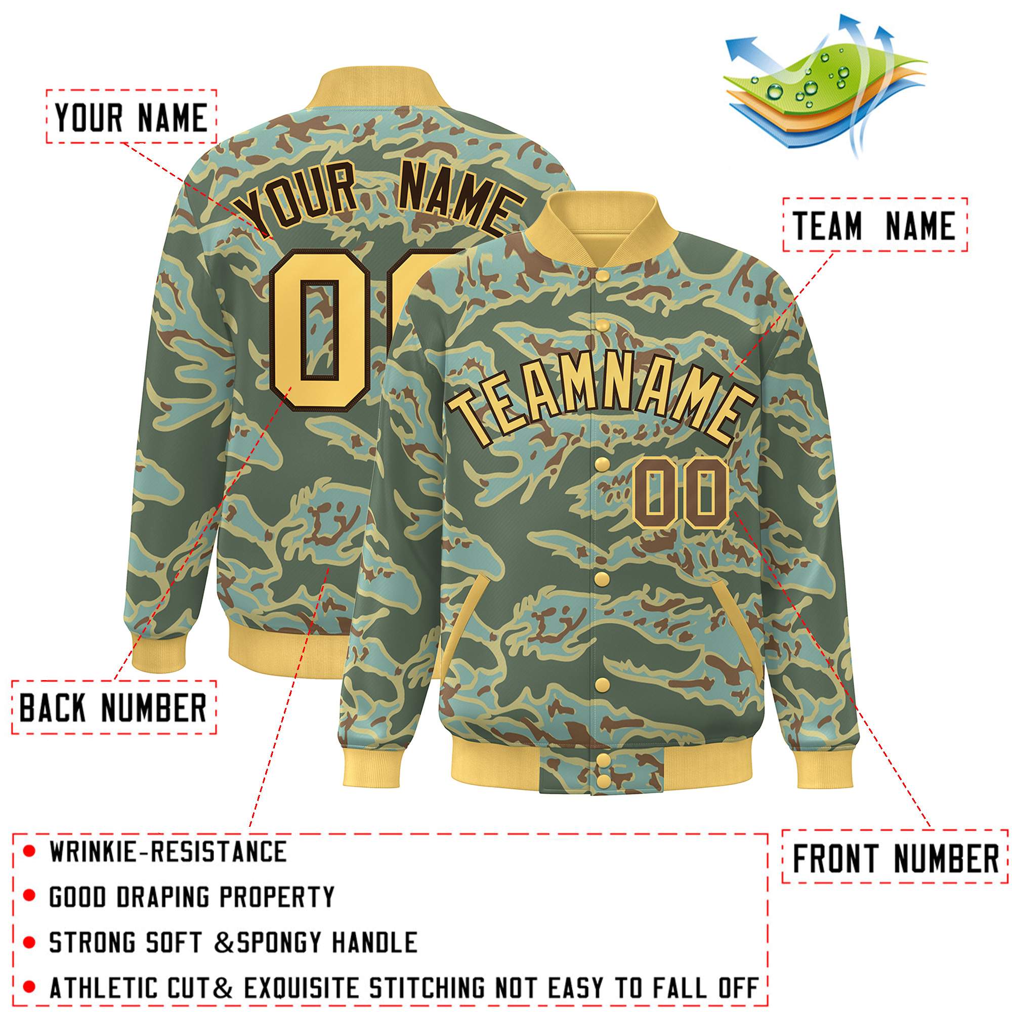 Custom Gold Brown Camo Varsity Full-Snap Letterman Bomber Jacket